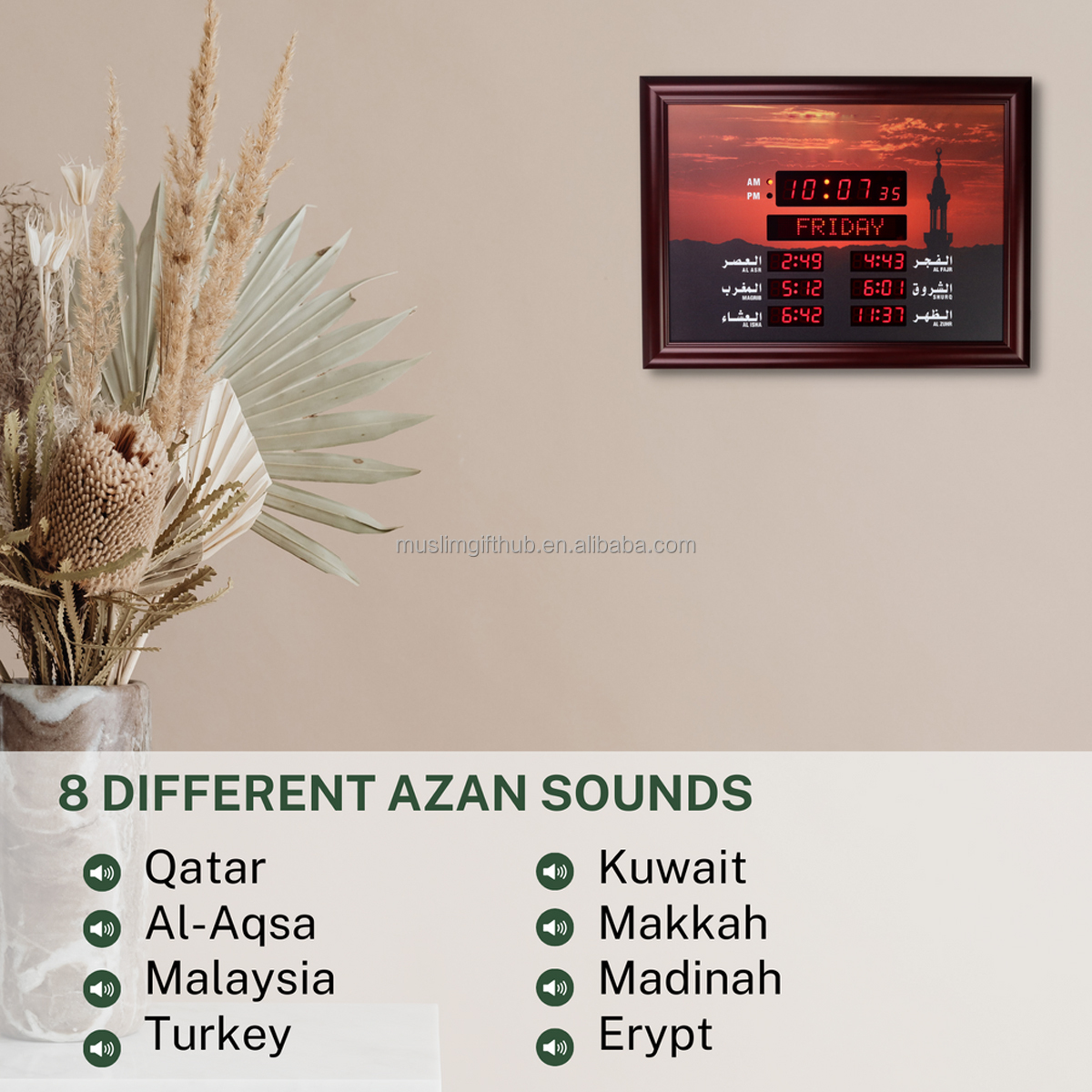Muslim Digital 8 Sounds Athan Prayer Hijri Time Gebetsuhr Uhr Ezan Saati Quran Player Frame Azan Clock with Fernbedienung - Image 7